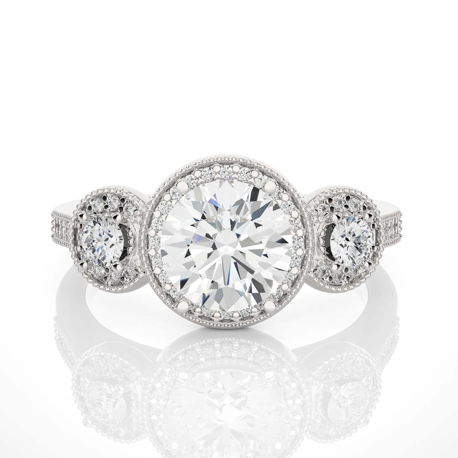 Vintage Halo Three-Stone Diamond Ring