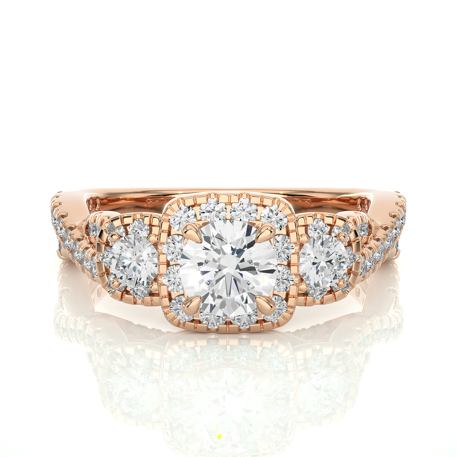 Halo-Set Three-Stone Diamond Engagement Ring