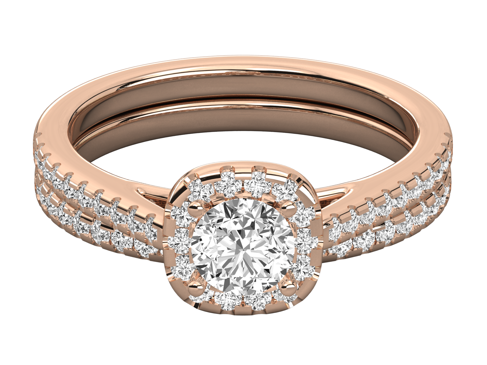 Round Cut Halo Engagement Ring with Double Band