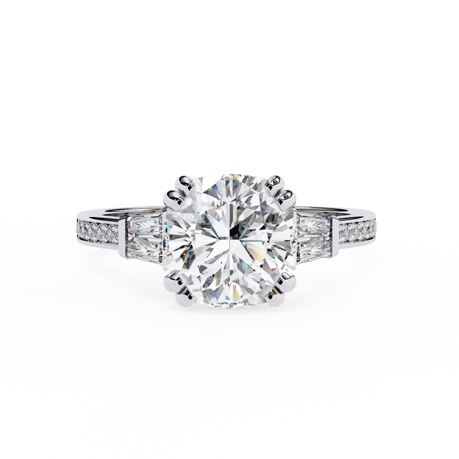 Round Brilliant Diamond Ring with Tapered Baguettes & Pavé Band